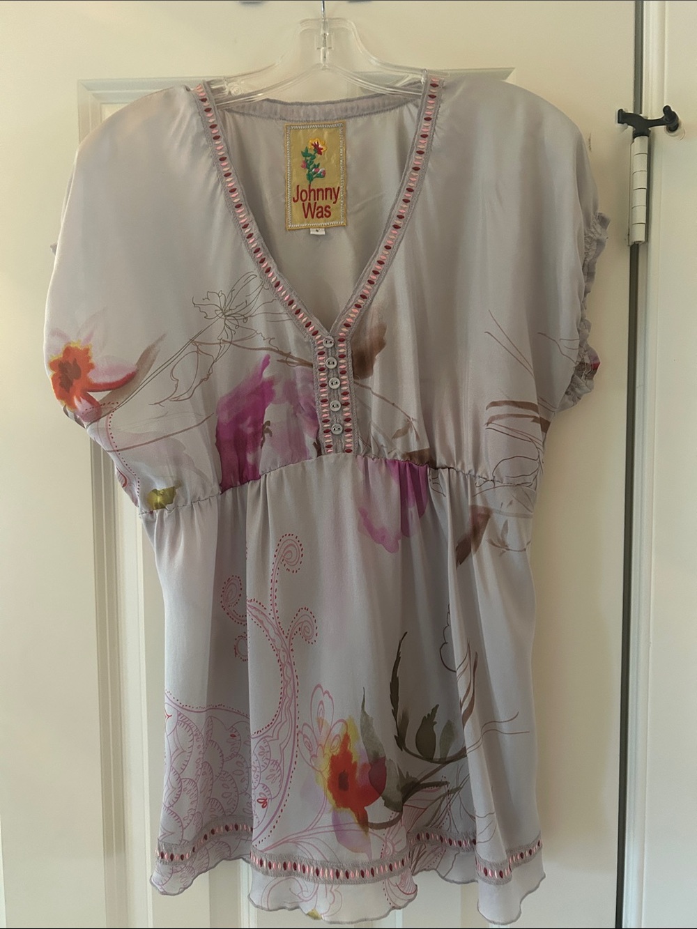 Johnny Was Lavender Floral V-Neck Peasant Blouse